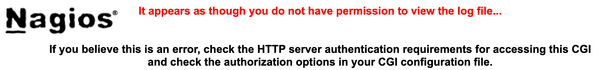 Capture d'écran Erreur Nagios It appears as though you do not have permission to view the log file