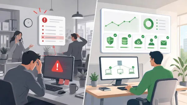 Comparaison entre le stress d'une panne informatique critique et la sérénité d'un système surveillé et sécurisé.